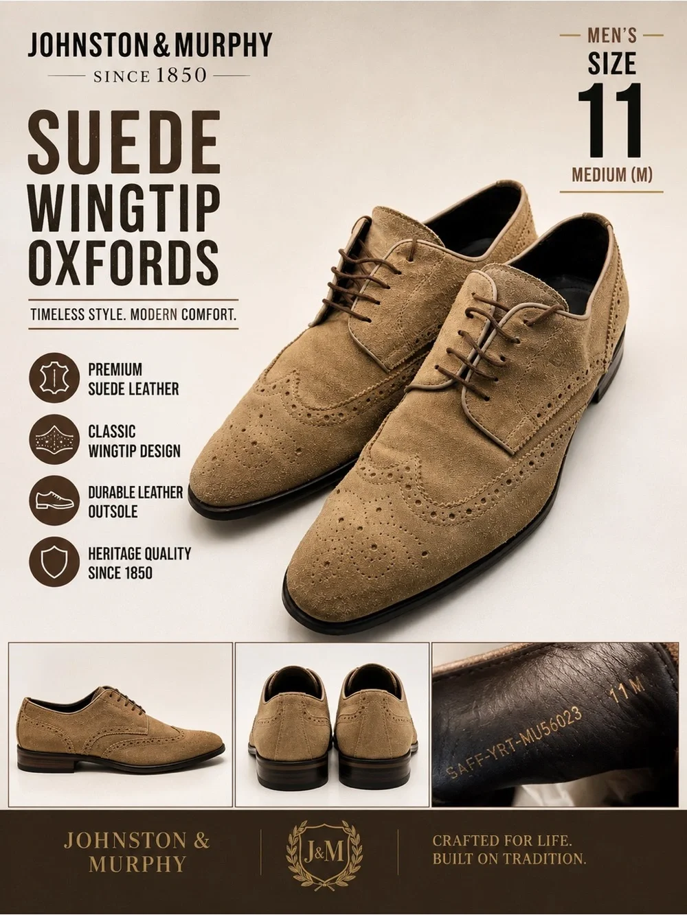 Johnston & Murphy Men’s Size 11M Tan Suede Wingtip Brogue Oxford Dress Shoes